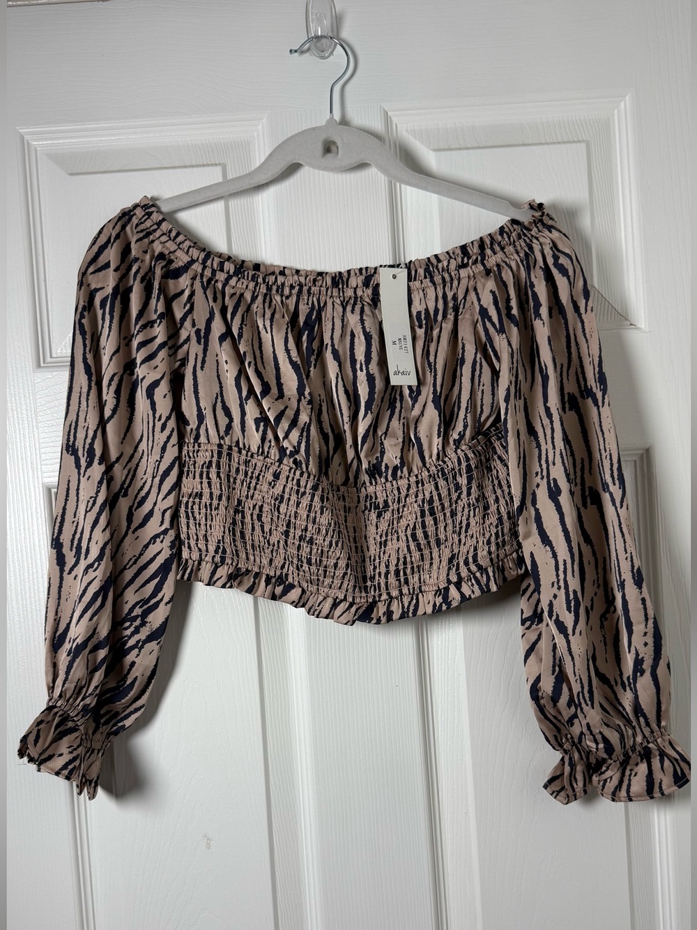 Off-Shoulder Smocked Zebra Print Crop Top - Beige/Black